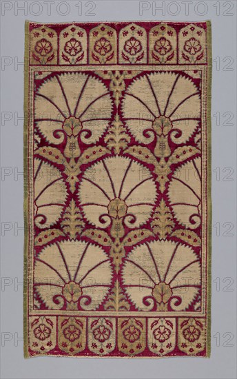 Cushion Cover, 1601/25, Turkey, Bursa, Turkey, Silk, gilt-and-silvered-metal-strip-wrapped silk, and cotton, satin weave with supplementary brocading wefts, and two-color cut voided velvet, 119.8 x 66.6 cm (47 1/8 x 26 1/4 in.)