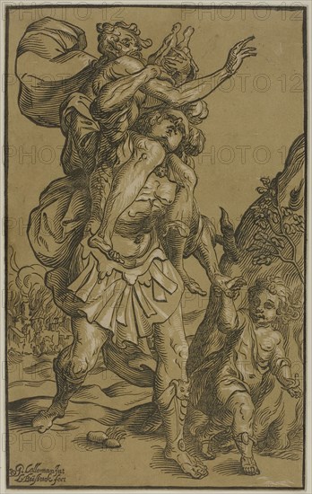 Aeneas and Anchises, n.d., Attributed to Ludolph Büsinck (German, 1585-1648), or Jean Baptiste Lallemand (French, 1710-1803), Germany, Chiaroscuro woodcut on paper, 353 x 222 mm