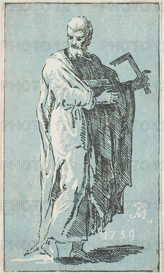 St. James Minor, 1739, Conte Anton Maria Zanetti, Italian, 1680–1767, Italy, Chiaroscuro woodcut in black, blue and brown on ivory laid paper, 171 x 100 mm (image/sheet, trimmed to block)
