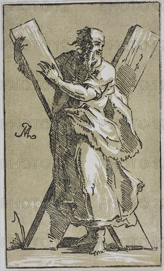 St. Andrew, 1740, Conte Anton Maria Zanetti, Italian, 1680–1767, Italy, Chiaroscuro woodcut in brown and black on ivory laid paper, 169 x 101 mm (image/sheet, trimmed to block)