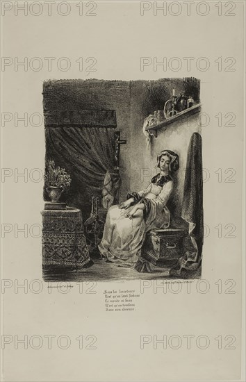 Marguerite at the Spinning Wheel, from Faust, 1828, Eugène Delacroix, French, 1798-1863, France, Lithograph in black on ivory wove paper, 226 × 181 mm (image), 412 × 262 mm (sheet)
