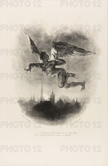 Mephistopheles Flying, from Faust, 1828, Eugène Delacroix, French, 1798-1863, France, Lithograph in black on white wove paper, 280 × 239 mm (image), 427 × 283 mm (sheet)