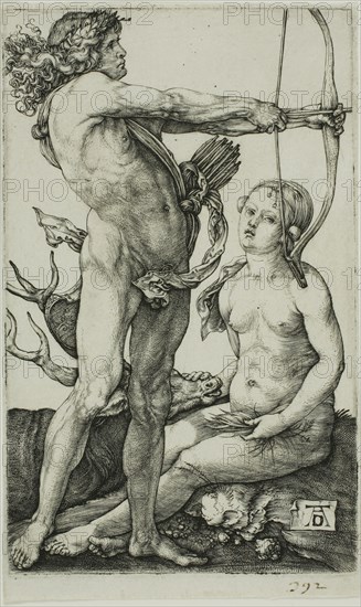 Apollo and Diana, 1502–05, Albrecht Dürer, German, 1471-1528, Germany, Engraving in black on ivory laid paper, 115 x 72 mm (image), 122 x 74 mm (sheet)