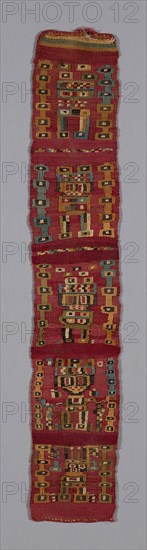 Band, A.D. 800/1100, Provincial Wari, Peru, Peru, Cotton and wool (camelid), tapestry weave with supplementary weft slit closure, edged with wool (camelid) in cross-knit loop stitches, 47 x 8.6 cm (18 1/2 x 3 3/8 in.)