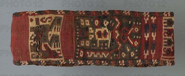 Headband, A.D. 800/1100, Provincial Wari, Possibly central coast, Peru, Peru, Cotton and wool (camelid), outer band of single interlocking tapestry weave, inner band of two-color complementary weft weave, joined in wool (camelid), cross-knit loop stitches, 48.3 x 8.3 cm (19 x 3 1/4 in.)