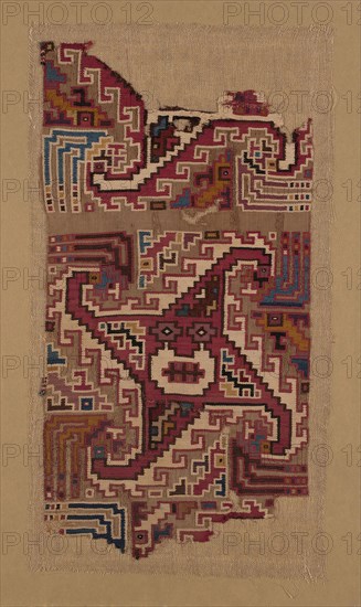Fragment, A.D. 500/1000, Moche-Huari, Possibly Huarmey Valley, north-central coast, Peru, Peru, Cotton and wool (camelid), plain weave with discontinuous wefts and single dovetailed tapestry weave, edged with cross-knit loop stitches, 52.1 x 27.6 cm (20 1/2 x 10 7/8 in.)
