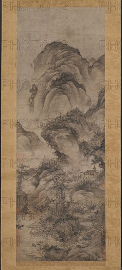 Water Pavilion by Twin Pines, Yuan or early Ming dynasty, 14th–15th century, Chinese, early 14th century, China, Hanging scroll, ink and light colors on paper, 100.3 × 35.5 cm (39 1/2 × 14 in.)