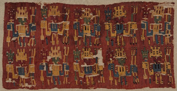 Fragment, possibly A.D. 500/600, Nazca, Possibly Nazca Valley, south coast, Peru, Peru, Cotton and wool (camelid), slit tapestry weave with outlining wefts