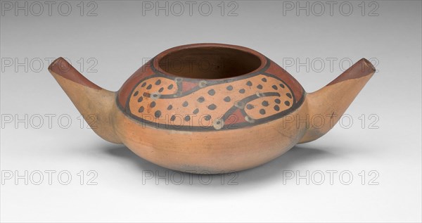 Small Double Spout Bowl with Repeated Curving Motif, c. A.D. 500/700, Possibly Lima or Maranga, Central coast, Peru, Peruvian Central Coast, Ceramic and pigment, 6.4 x 20 cm (2 1/2 x 7 7/8 in.)