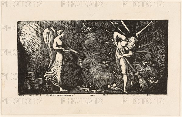 ‘The Man Sweeping the Interpreter’s Parlour,’ from Bunyan’s Pilgrim’s progress, 1820–22, William Blake, English, 1757-1827, England, Relief etching and white line engraving on ivory wove paper, 80 × 162 mm (image/block), 122 × 191 mm (sheet)