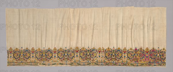 Skirt, 18th century, Greece, Crete, Crete, Linen, plain weave, embroidered with silk in back, overcast back, chain, Cretan, Roumanian, satin, split, stem, and whipped stem stitches, couching, five loom widths joined, 114.5 × 306.8 cm (45 × 120 3/4 in.)