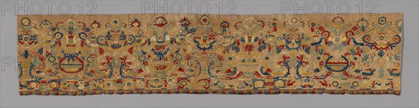Border (For a Skirt), 18th century, Greece, Crete, Crete, Linen, plain weave, embroidered with silk in Cretan, closed herringbone, satin, split, and stem stitches, open chain, couching, and French knots, edged with silk, plain weave extended weft cut fringe, pieced, 37.5 × 175.2 cm (14 3/4 × 69 in.)