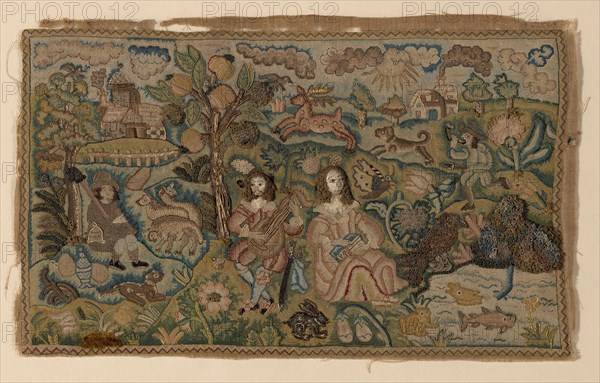 Picture, 17th century, England, Probably linen, plain weave, appliquéd with silk, warp-float faced 4:1 satin weave over bast fiber padding, embroidered with silk, silk-wrapped-metal-wire coils, silvered-metal-strip-wrapped silk and feathers in bullion, buttonhole, detached twisted trammed buttonhole, encroaching Gobelin, individual back, raised stem and tent stitches, laid work and couching, embellished with mica, 21.9 × 35.2 cm (8 5/8 × 13 7/8 in.)
