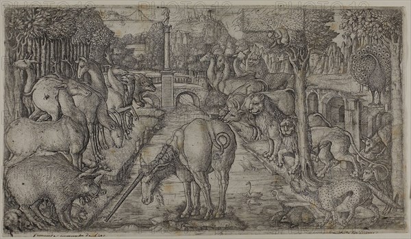 The Unicorn Purifying a Source, n.d., Jean Duvet, French, 1485-after 1561, France, Etching and engraving on paper, 223 × 399 mm (plate), 227 × 402 mm (sheet)