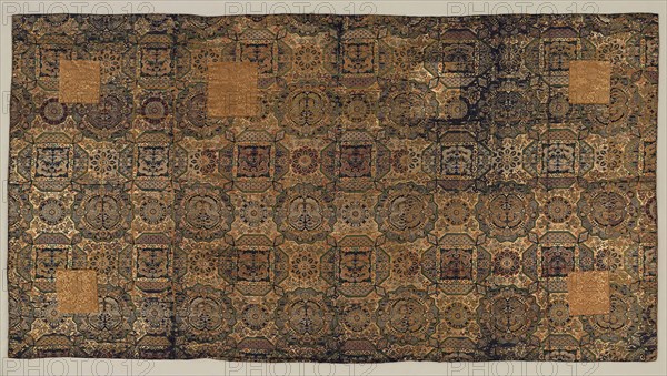 Kesa, 18th century, Edo period (1615–1868), Japan, Silk and gilt-paper strip, twill weave with secondary binding warps and supplementary patterning wefts, with couched plied silk, 116.5 × 216.5 cm (45 7/8 × 85 1/4 in.)