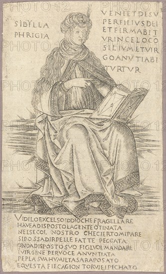 The Phrygian Sibyl, 1480/90, Attributed to Francesco Rosselli, Italian, 1448-before 1513, Italy, Engraving in gray on buff laid paper, 177 x 105 mm (plate), 177 x 106 mm (sheet)