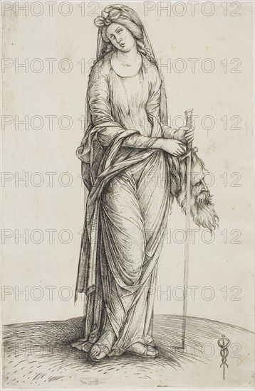 Judith Holding the Head of Holofernes, c. 1498, Jacopo de’ Barbari, Italian, 1460/70-before July 1516, Italy, Engraving in black on ivory laid paper, 182 x 120 mm (image/sheet, trimmed within plate mark)