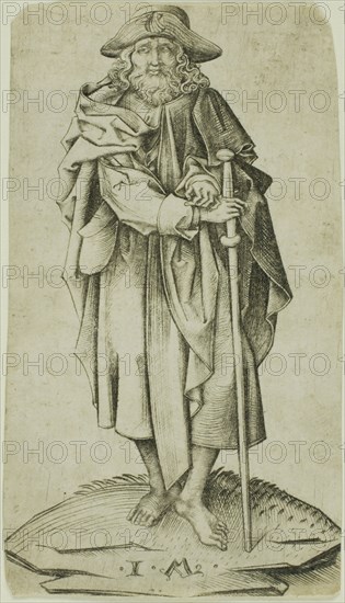 St. James Major, from Christ and the Apostles, n.d., Israhel van Meckenem the Younger (German, c. 1440/45-1503), after Martin Schongauer (German, c. 1450-1491), Germany, Engraving on ivory laid paper, 87 × 50 mm