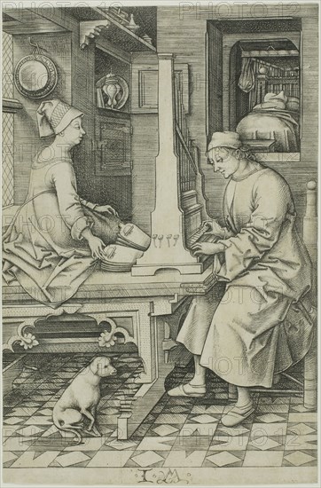The Organ Player and His Wife, 1495/1503, Israhel van Meckenem the Younger, German, c. 1440/45-1503, Germany, Engraving on buff laid paper, 165 × 109 mm