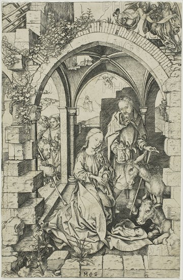 The Nativity, from Life of the Virgin, 1470/75, Martin Schongauer, German, c. 1450-1491, Germany, Engraving in black on cream laid paper, 255 × 166 mm (image/sheet, cut to platemark)