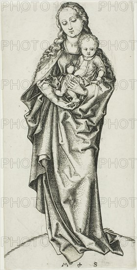 The Madonna and Child with an Apple, c. 1475, Martin Schongauer, German, c. 1450-1491, Germany, Engraving on paper, 162 × 81 mm