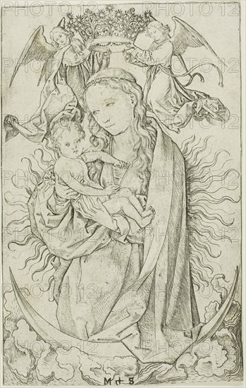 The Madonna on the Crescent Crowned by Two Angels, 1470–75, Martin Schongauer, German, c. 1450-1491, Germany, Engraving on paper, 173 × 110 mm (sheet trimmed to plate mark)