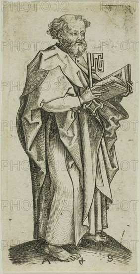 St. Peter, from Apostles, n.d., Martin Schongauer, German, c. 1450-1491, Germany, Engraving on paper, 89 × 43 mm (plate), 91 × 46 mm (sheet)