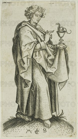 St. John, from Apostles, n.d., Martin Schongauer, German, c. 1450-1491, Germany, Engraving on paper, 90 × 50 mm (plate), 91 × 51 mm (sheet)