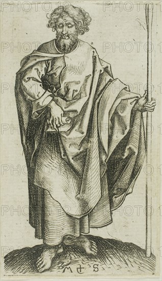 St. Thomas, from Apostles, n.d., Martin Schongauer, German, c. 1450-1491, Germany, Engraving on paper, 90 × 50 mm (plate), 91 × 53 mm (sheet)