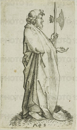 St. Matthias, from Apostles, n.d., Martin Schongauer, German, c. 1450-1491, Germany, Engraving on paper, 88 × 50 mm (plate), 88 × 53 mm (sheet)