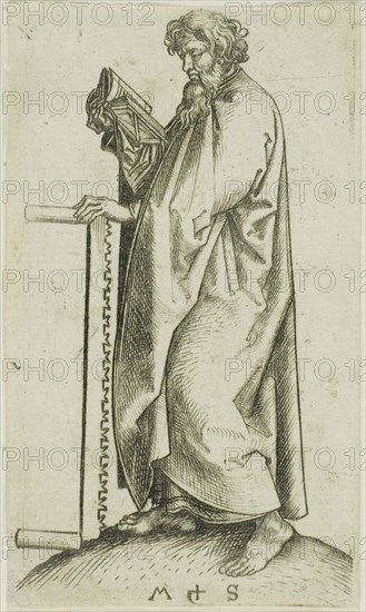 St. Simon, from Apostles, n.d., Martin Schongauer, German, c. 1450-1491, Germany, Engraving on paper, 90 × 51 mm (plate), 90 × 52 mm (sheet)
