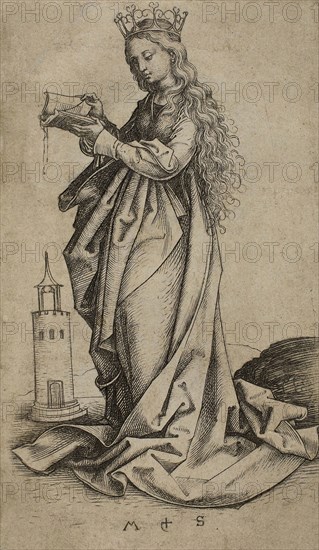 St. Barbara, n.d., Martin Schongauer, German, c. 1450-1491, Germany, Engraving on paper, 101 × 63 mm (sheet)