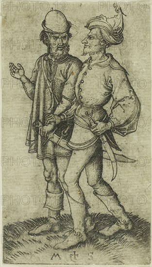 Two Moors in Conversation, n.d., Martin Schongauer, German, c. 1450-1491, Germany, Engraving on paper, 84 × 48 mm (sheet trimmed within plate mark)