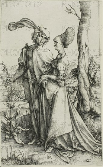 Young Couple Threatened by Death (The Promenade), c. 1498, Albrecht Dürer, German, 1471-1528, Germany, Engraving in black on ivory laid paper, 196 × 120 mm (image/sheet)