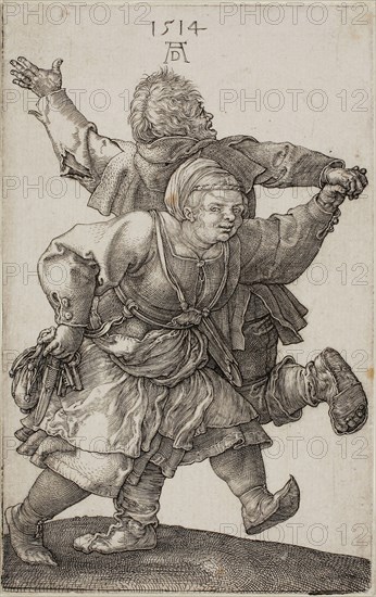 Peasant Couple Dancing, 1514, Albrecht Dürer, German, 1471-1528, Germany, Engraving in black on ivory laid paper, 118 × 75 mm (image/sheet)