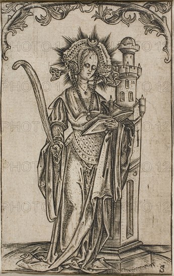 Saint Barbara with a Palm and a Book, 1500–25, Master S, Netherlandish, active 1500-1525, Netherlands, Engraving in black on cream laid paper, 91 x 57 mm (cut to plate)