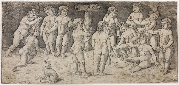 Twelve Cupids Playing, c. 1477, Giovanni Pietro da Birago, Italian, 1471/4-1513, Italy, Engraving in black on paper, 127 × 279 mm