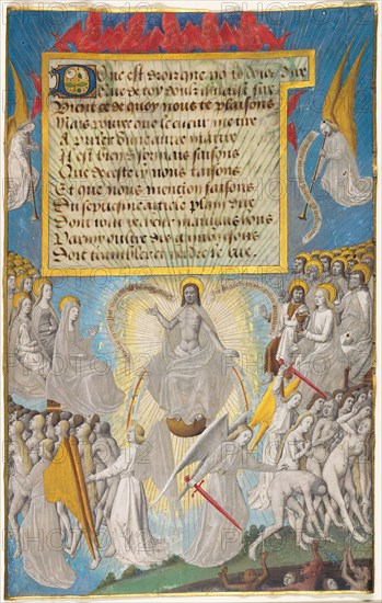 The Last Judgment from Les Sept Articles de la Foi by Jean Chappuis, c. 1470, Maître François, French, active 1450-1499, France, Manuscript cutting in tempera and gold leaf, and letter bâtarde inscriptions in brownish-black ink, unruled, with decorated initial, on parchment, 237 × 172 mm