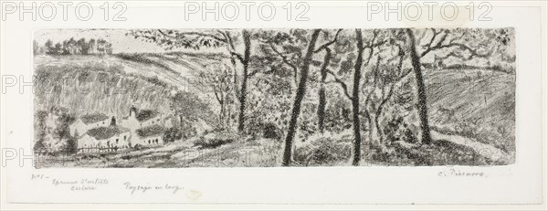 Landscape Panorama, 1879, Camille Pissarro, French, 1830-1903, France, Etching and aquatint in black on white wove paper, 113 × 393 mm (image), 116 × 397 mm (plate), 161 × 436 mm (sheet)
