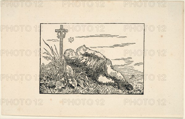 Young Man Lying on a Grave, 1803–04, Caspar David Friedrich, German, 1774-1840, Germany, Woodcut on paper, 78 × 113 mm (image/block), 127 × 199 mm (sheet)
