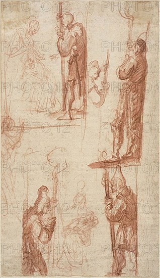 Sheet of Sketches: Beheading of a Saint (recto), Several Slight Figure Sketches (verso), 1605/44, Giovanni (Antonio) Bilivert (Italian, 1585-1644), or Jacques Callot (French, 1592-1635), Italy, Red chalk, with brush and red chalk wash (recto), and red chalk (verso), on ivory laid paper, 292 x 168 mm, Woman with a High Headdress Wrapped Around the Chin: Bust, c. 1630, Rembrandt van Rijn, Dutch, 1606-1669, Holland, Etching on paper, 62 x 56 mm