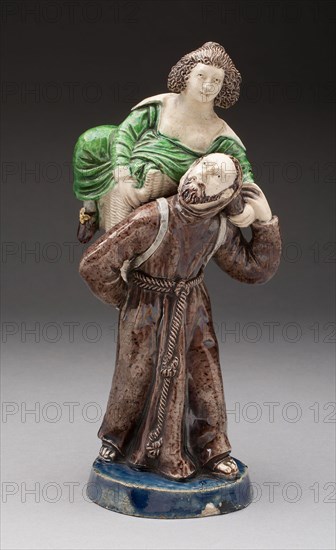 Monk Carrying Woman, Early 17th century, France, Avon, Probably after a model by Guillaume Dupré, French, 1579-1640, Avon, Lead-glazed earthenware, H. 21.6 cm (8 1/2 in.)