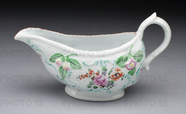 Sauceboat, 1760/70, Derby Porcelain Manufactory, England, 1750-1848, Derby, Soft-paste porcelain, polychrome enamels and gilding, 11.1 × 20.3 × 9.4 cm (4 3/8 × 8 × 3 11/16 in.)