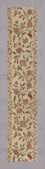 Panel, 18th century, Queen Anne period, England, Linen, plain weave, embroidered in polychrome silk yarns in chain and running stitches, 222.5 × 44 cm (87 1/2 × 17 3/8 in.)