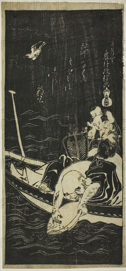 Hotei and Two Children on a Boat, 18th century, Okumura Masanobu, Japanese, 1686-1764, Japan, Woodblock print, hosoban, ishizuri-e, 30.8 × 14.4 cm