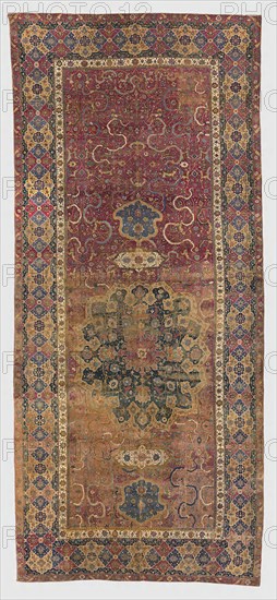 Carpet, Early 17th century, Persia, Tabriz, Tabriz, Cotton and wool, plain weave with supplementary wrapping wefts forming cut pile through a technique known as "Sehna knots
