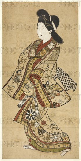 A Beauty Walking, 17th century, Sugimura Jihei, Japanese, active c. 1681-98, Japan, Hand-colored woodblock print, o-oban, sumizuri-e, 56.8 × 27.9 cm