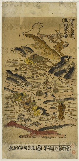 Summer: Planting Rice (Natsu: taue no zu), No. 2 from the series The Four Seasons of Farmers (Shiki no hyakusho), c. 1730s, Torii Kiyomasu II, Japanese, 1706 (?)–1763 (?), Japan, Hand-colored woodblock print, hosoban, urushi-e, 33.7 × 16.1 cm (13 1/4 × 6 5/16 in.)