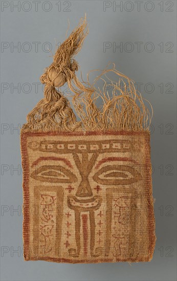Mummy Mask, 200/100 B.C., Paracas, Peru, south coast, Ica Valley, Ocucaje, Peru, Cotton, plain weave with bundles of extended warps, painted, 20.8 × 20.6 cm (8 3/16 × 8 1/8 in.) (without extended warps)