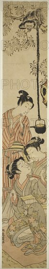 Gibbon snatching sake pot from flower-viewing party, c. 1772, Isoda Koryusai, Japanese, 1735-1790, Japan, Color woodblock print, hashira-e, 26 1/8 × 4 1/2 in.